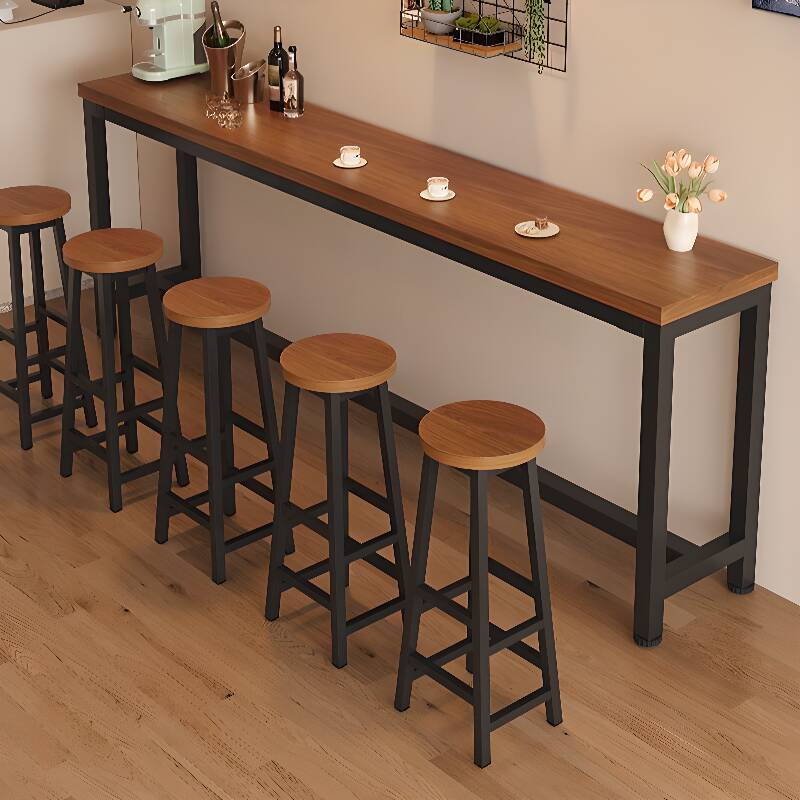 Modern Pub Table with Cocoa Timber Top and Trestle Base, Featuring Rectangle Shape and Foot Platform