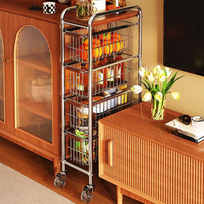 Metallic Trendy Cabinet Storage Shelf Rack with Roller Wheels, Shelves, Wire Frame, Vertical Installation