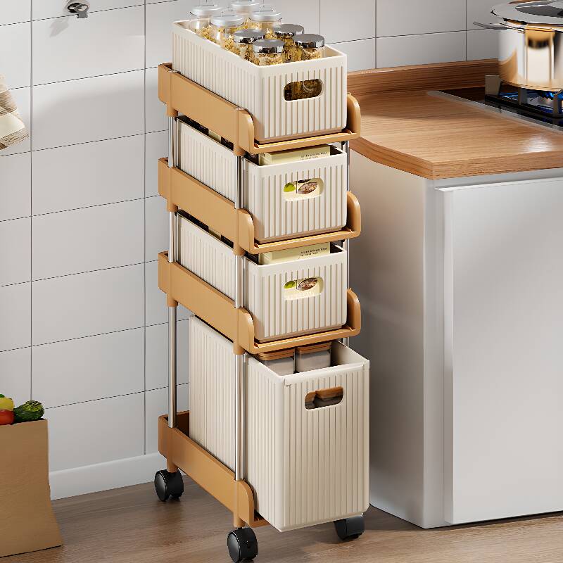 Natural Finish Trendy Vertical Stainless Steel Cabinet Storage Shelf Rack with Roller Wheels
