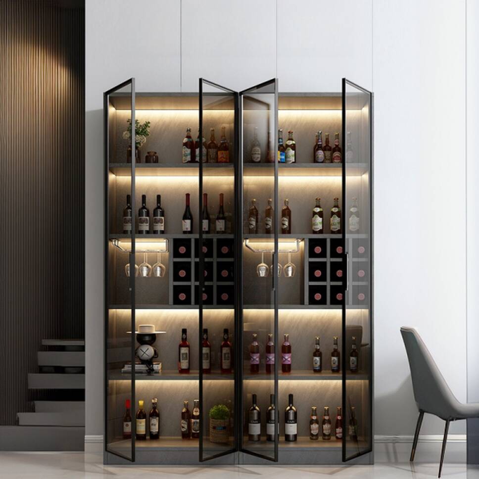 Unfixed Wine Cabinet with Shelf and Glass Doors