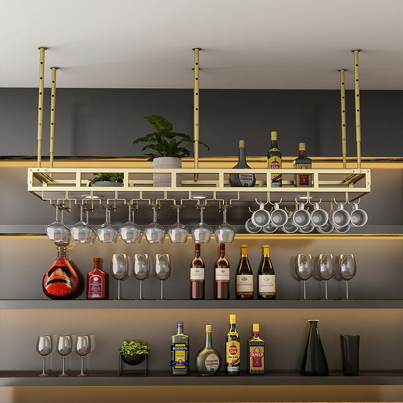 Glam Alloy Ceiling Mount Wine Bottle & Glass Rack with Shelf