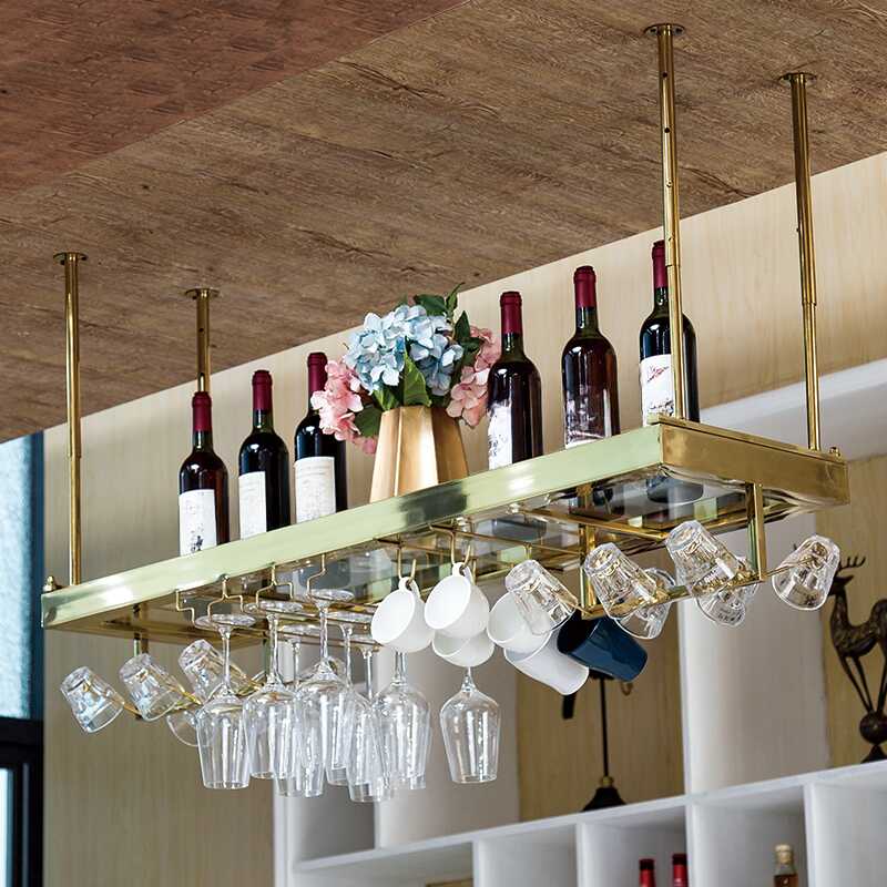 Glam Stainless Steel Ceiling Mount Wine Bottle & Glass Rack with Shelf
