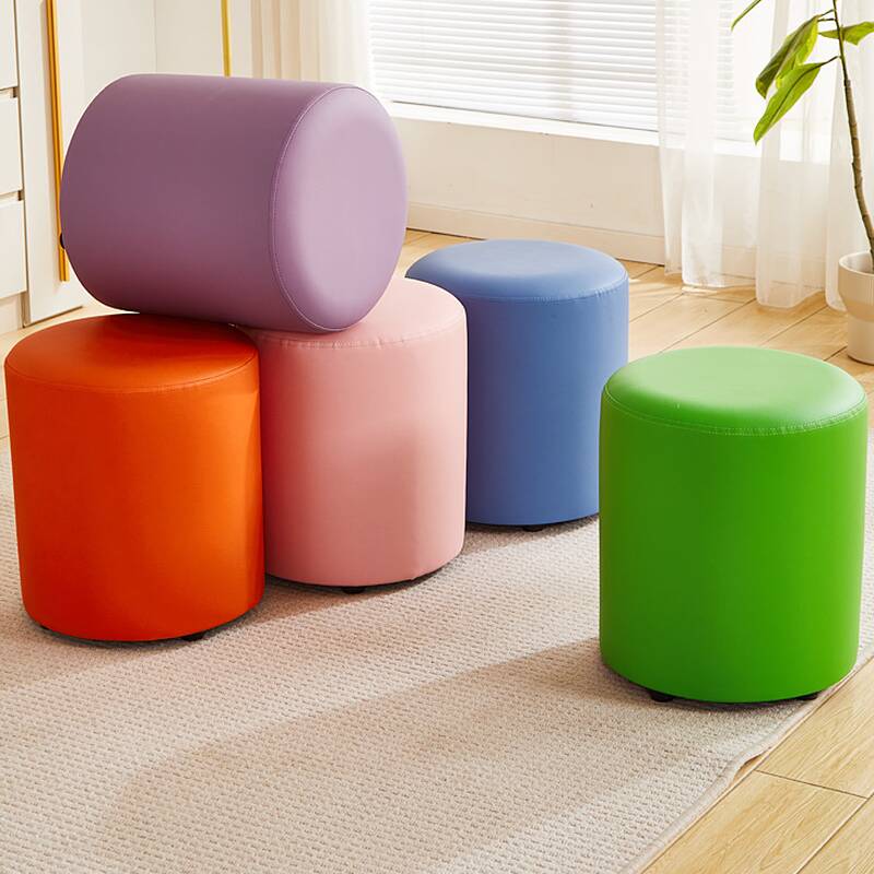 Modern Circular-shaped Solid Colour Standard Ottoman in Faux Leather with Eggplant Colour/Azure/Orange