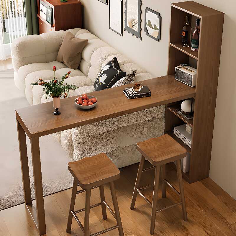 Modern Style Pub Table with Timber Top, Twin Support Base, Cocoa Finish, and Stockroom Storage in a Rectangle Shape