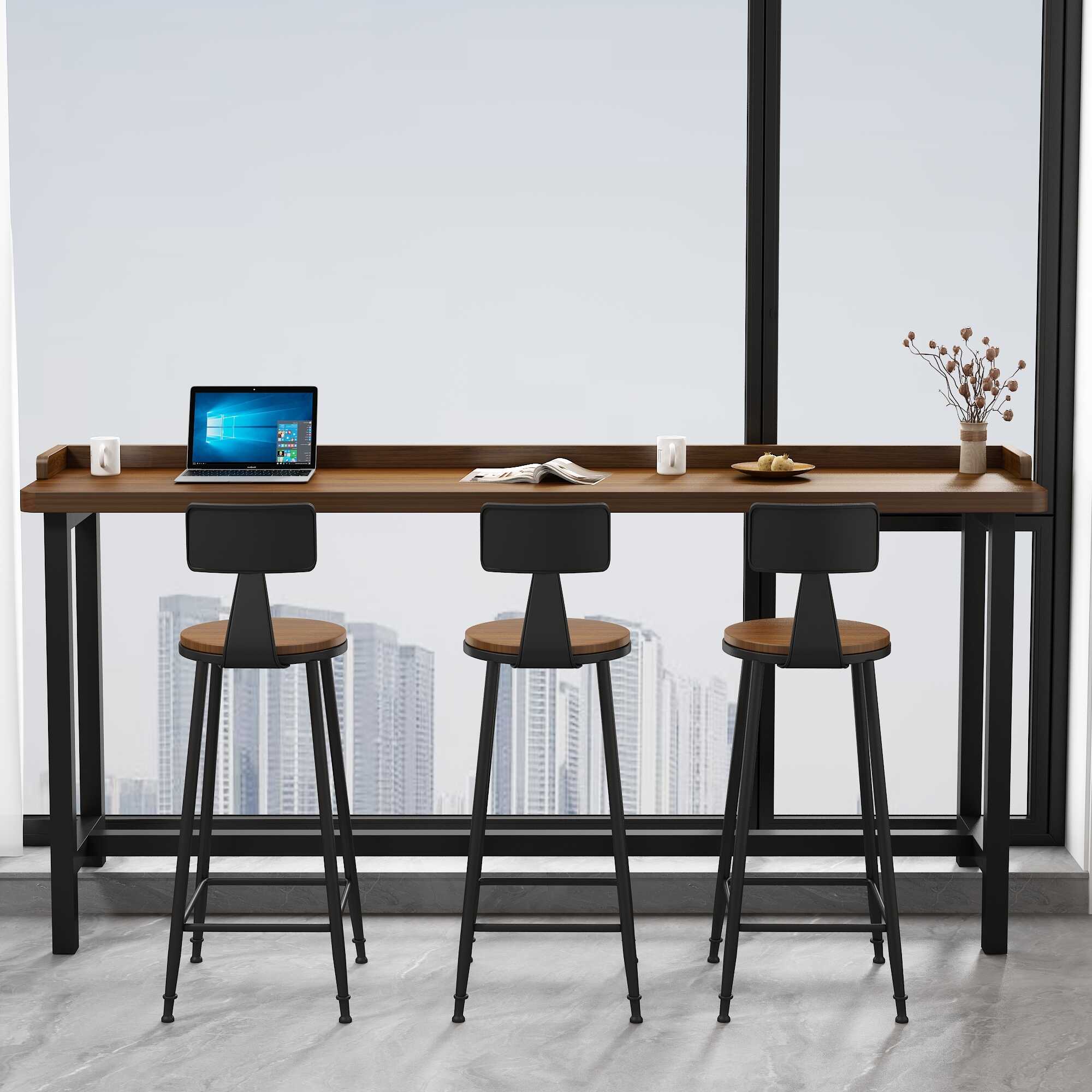 Modern Pub Table with Timber Top and Trestle Base in Cocoa, Rectangle Shape with Foot Platform