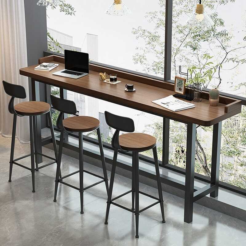 Modern Pub Table with Pine Wood Top and Trestle Base in Cocoa, Rectangle Shape with Foot Platform