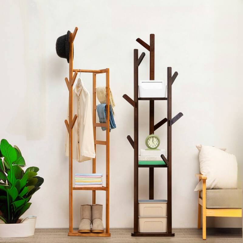 Minimalist Free Standing Hall Tree with 3 Shelves/2 Shelves, Accessible Storage, and Wood Hook