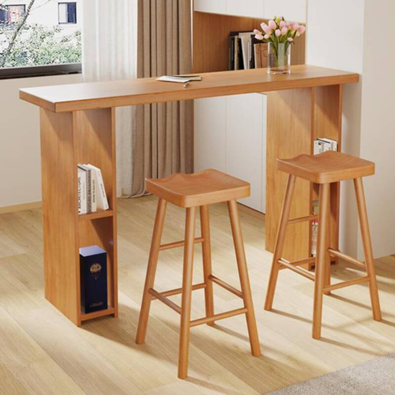 Modern Pub Table with Pine Wood Top and Twin Support Base in Unfinished Colour, Featuring Stockroom Storage and Rectangular Shape