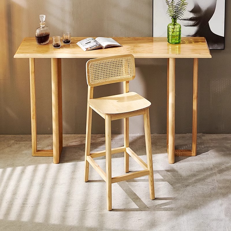 Modern Pub Table with Natural Wood Top, Twin Support Base, Unfinished Colour, and Rectangular Shape