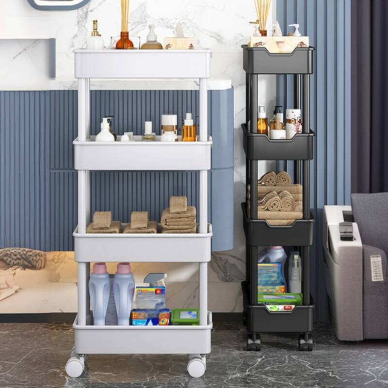 Trendy Swivel Cabinet Storage Shelf Rack with Roller Wheels, Shelves, Metal Frame, and Vertical Installation