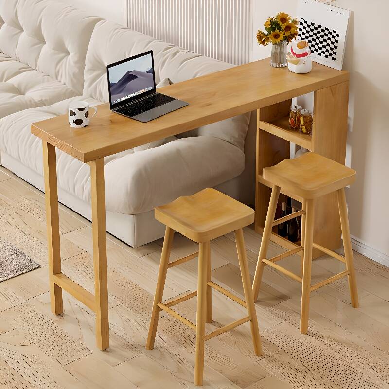 Modern Pub Table with Pine Wood Top, Twin Support Base, Unfinished Colour, Stockroom Storage, and Rectangle Shape