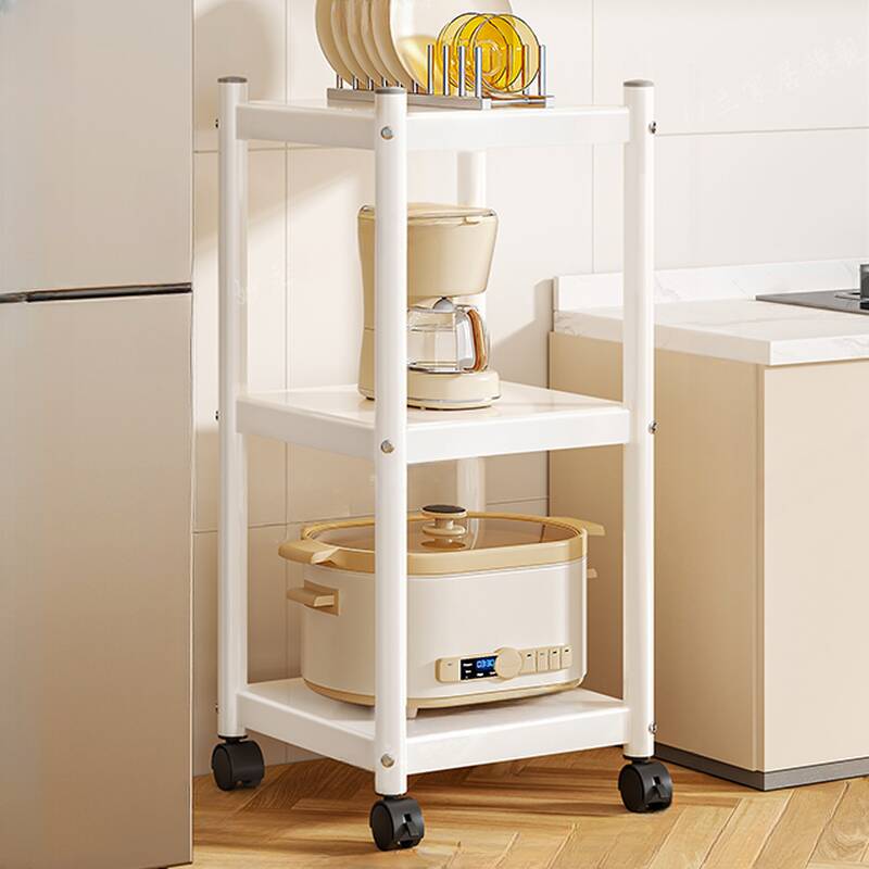 White Casual Swivel Cabinet Storage Shelf Rack with Roller Wheels and 5 Floating Shelves in Metal Vertical Design