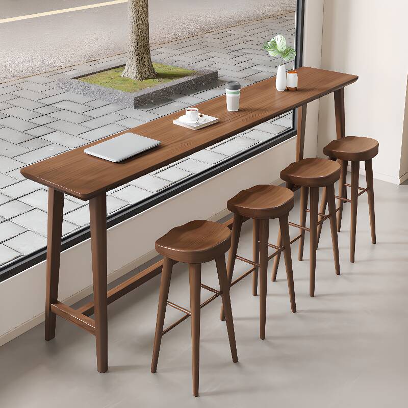 Modern Pub Table with Natural Wood Top and Trestle Base in Cocoa Rectangle with Foot Platform