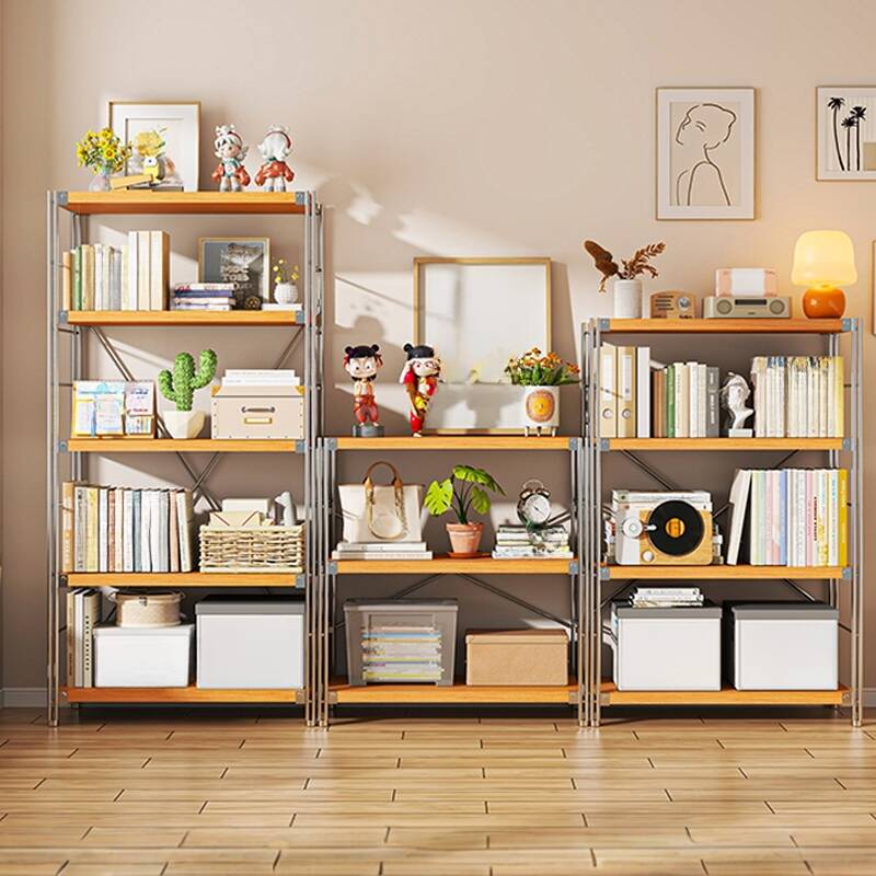 Natural Finish Trendy Cabinet Storage Shelf Rack with 5 Floating Shelves and Steel Vertical Frame