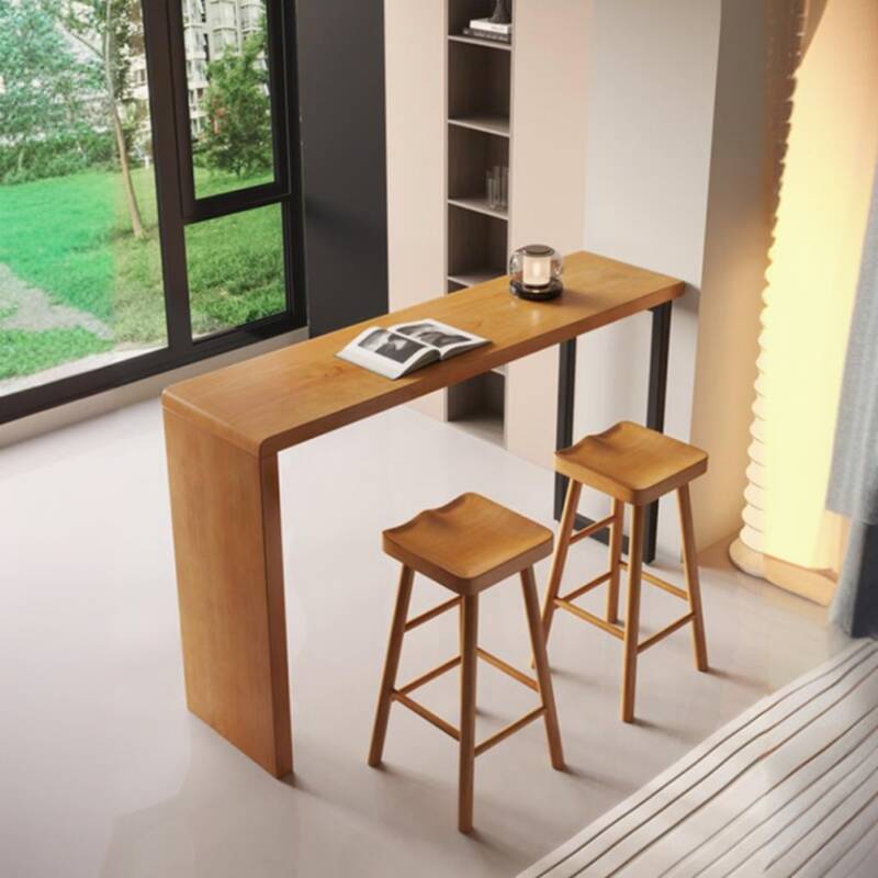 Modern Pub Table with Pine Wood Top and Twin Support Base in Tan Rectangle