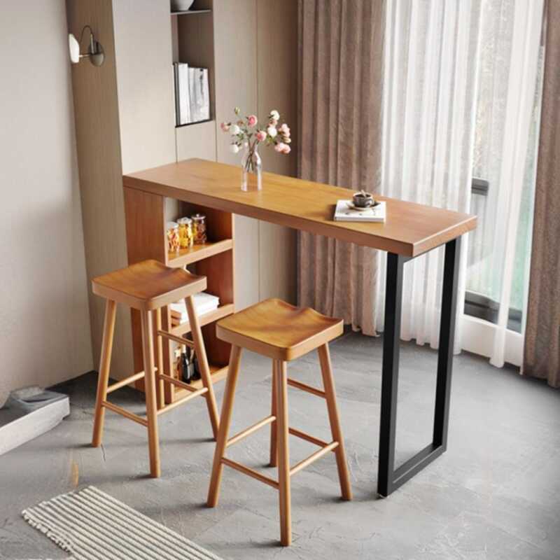 Modern Pub Table with Timber Top, Twin Support Base, Tan Colour, and Stockroom Storage in Rectangle