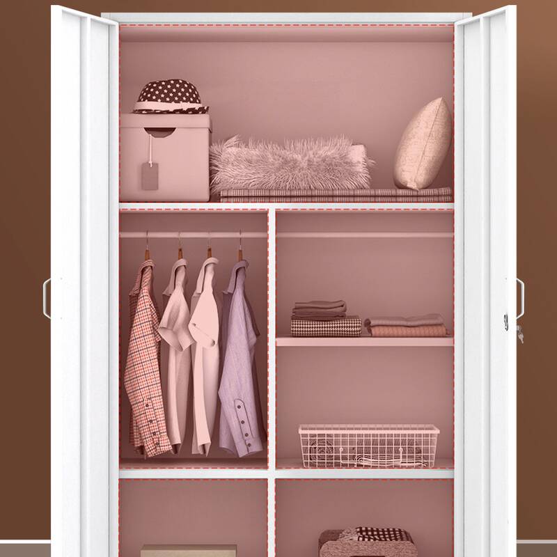 White Art Deco Alloy Cabinet Armoire with Interior Shelves and Hanging Rod