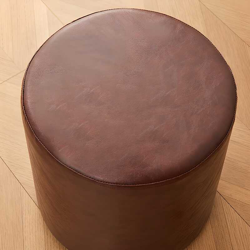 Casual Circular-shaped Solid Colour Standard Ottoman in Faux Leather with White/Butter Colour/Indigo Upholstery