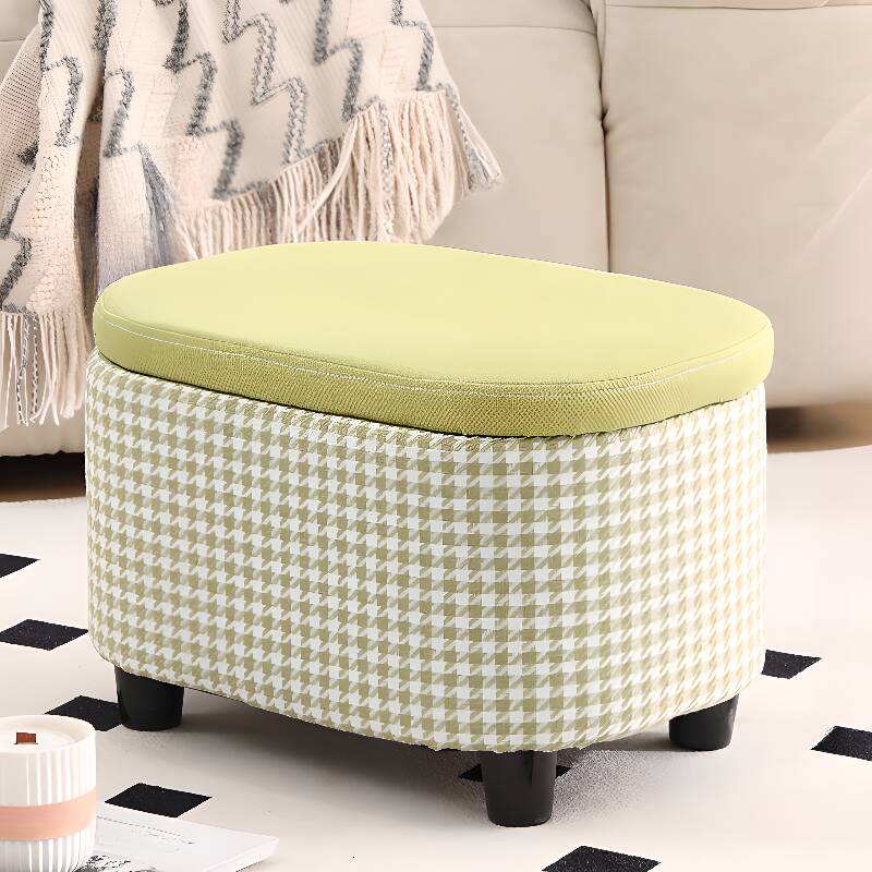 Casual Oblong Houndstooth Standard Ottoman in Ink/Light Green/Tan with Timber Frame and Flip Top Storage