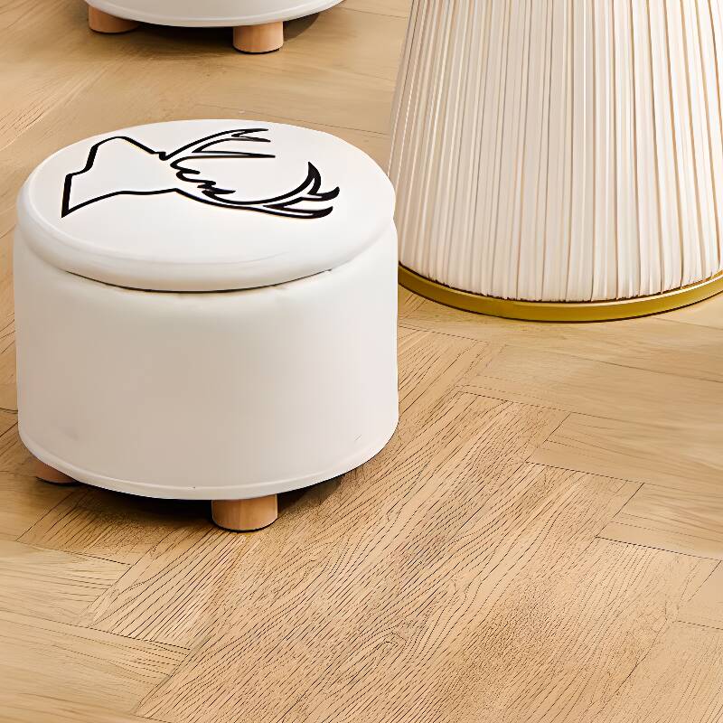 Casual Circular-shaped Ottoman with Houndstooth/Solid Colour/Animal Print Flannel Upholstery in Ink/Tan/Beige, Featuring Lift-Off Lid Storage and Removable Cushion Cover