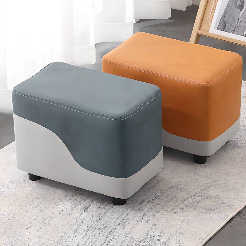 Casual Rectangular Patchwork Footstool/Standard Ottoman with Distressed Wood and Natural Wood Frame