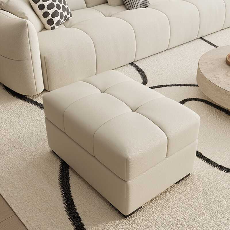 Casual Rectangular Solid Colour Storage Ottoman with Genuine Leather Upholstery, Container Storage, and Decorative-Stitched Tufting