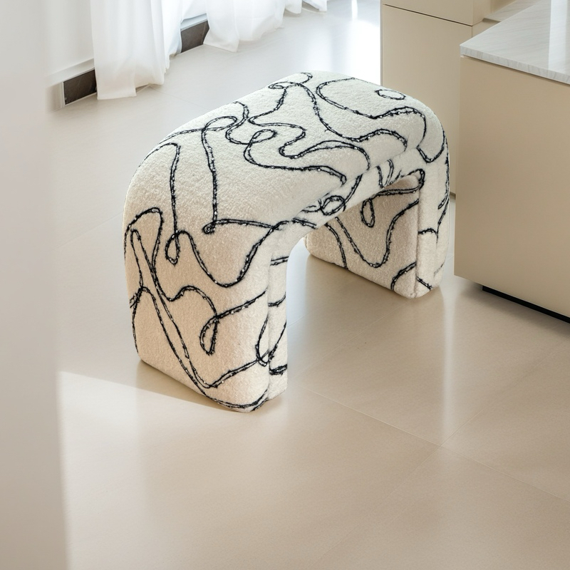Abstract Pattern Standard Ottoman with White Sherpa Upholstery