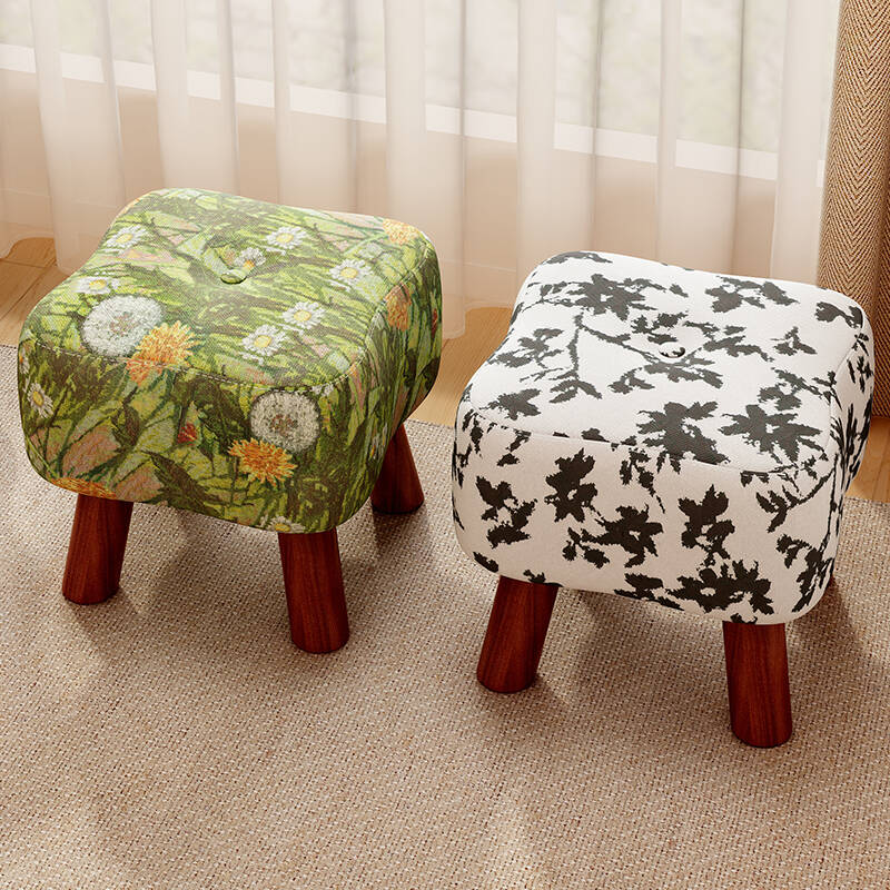 Multi-Colour Casual Floral-patterned Footstool with Laminate Frame and Decorative-stitched Tufting