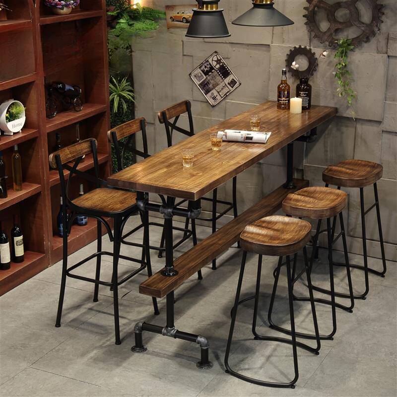 Rustic Brown Reclaimed Pine Bar Table with Foot Pedestal, Metal Legs