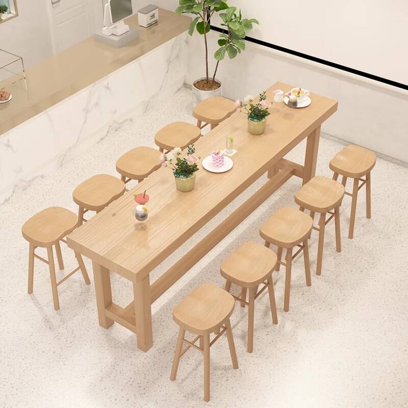 Modern Timber Pub Table with Unfinished Colour Trestle Base, Rectangle Shape, and Foot Platform