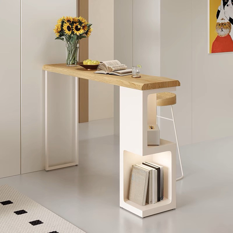 Modern Pub Table with Timber Top and Twin Support Base in Unfinished Colour, Featuring Stockroom Storage and Rectangular Shape