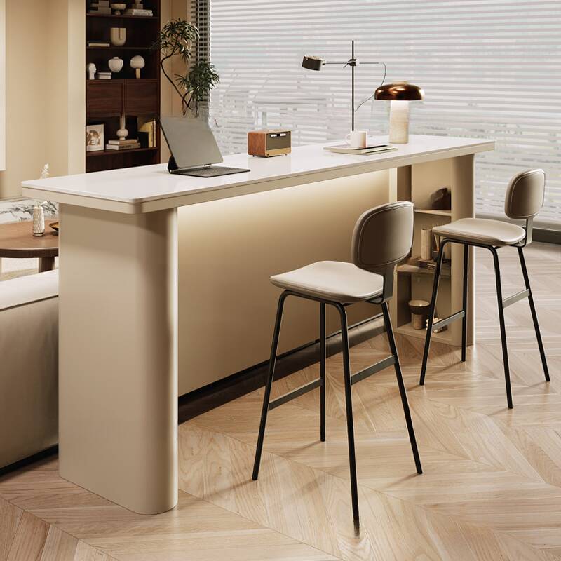 Contemporary Rectangular Quartz Bistro Table with Dual Footing, Chalk Finish, and Stockroom Storage
