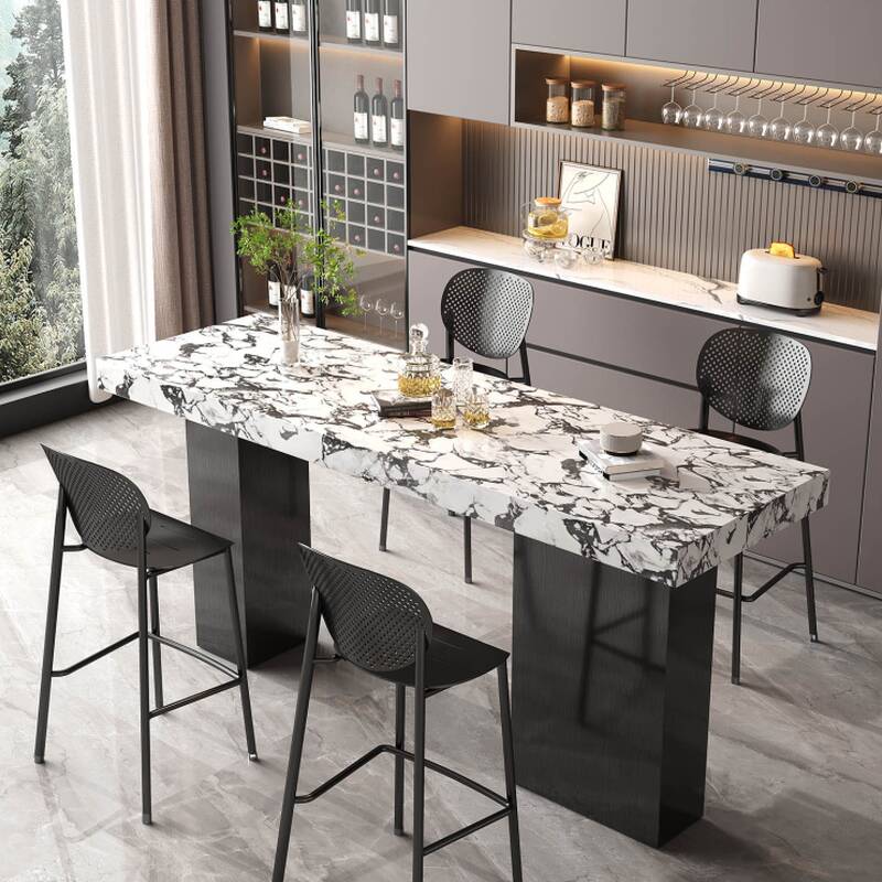Contemporary/Lavish Chalk Rectangular Quartz Bistro Table with Dual Footing Base