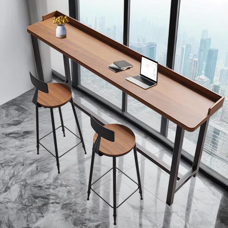 Modern Pub Table with Pine Wood Top and Trestle Base in Cocoa, Rectangular with Foot Platform