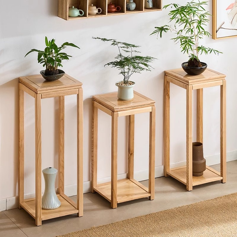 Natural Finish Square Plant Side Table with Natural Wood Top