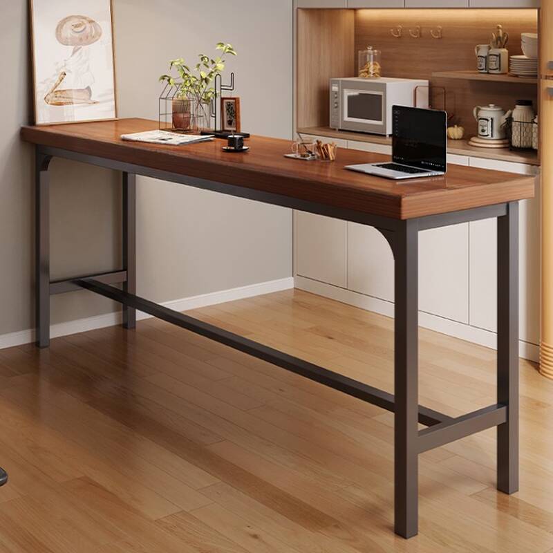 Classic Bar Table with Timber Top and Trestle Base in Tan, Rectangular Shape with Foot Platform