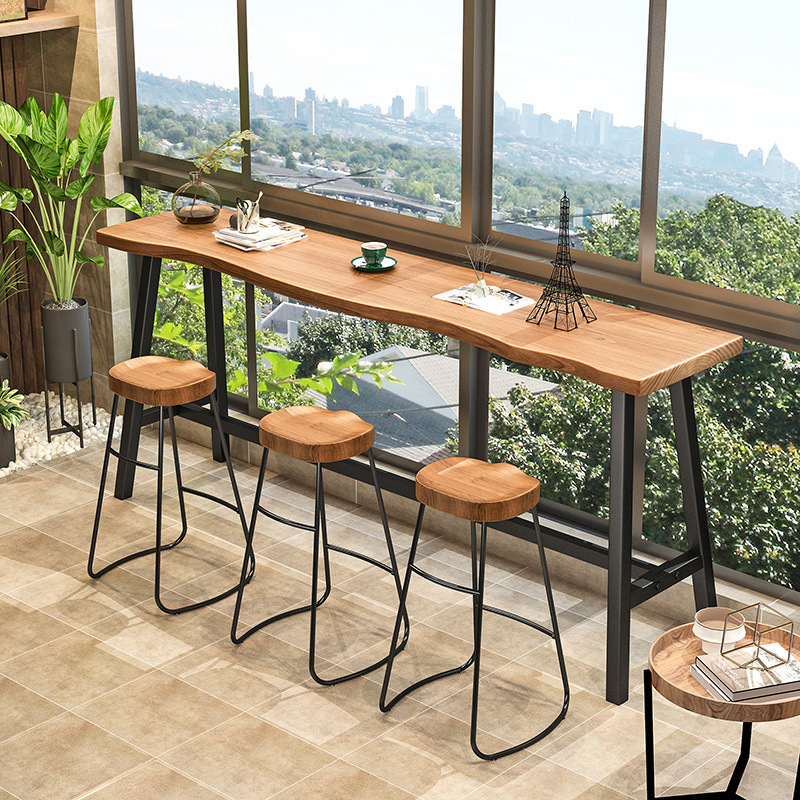 Classic Bar Table with Timber Top and Trestle Base in Wood Grain, Rectangular Shape with Foot Platform