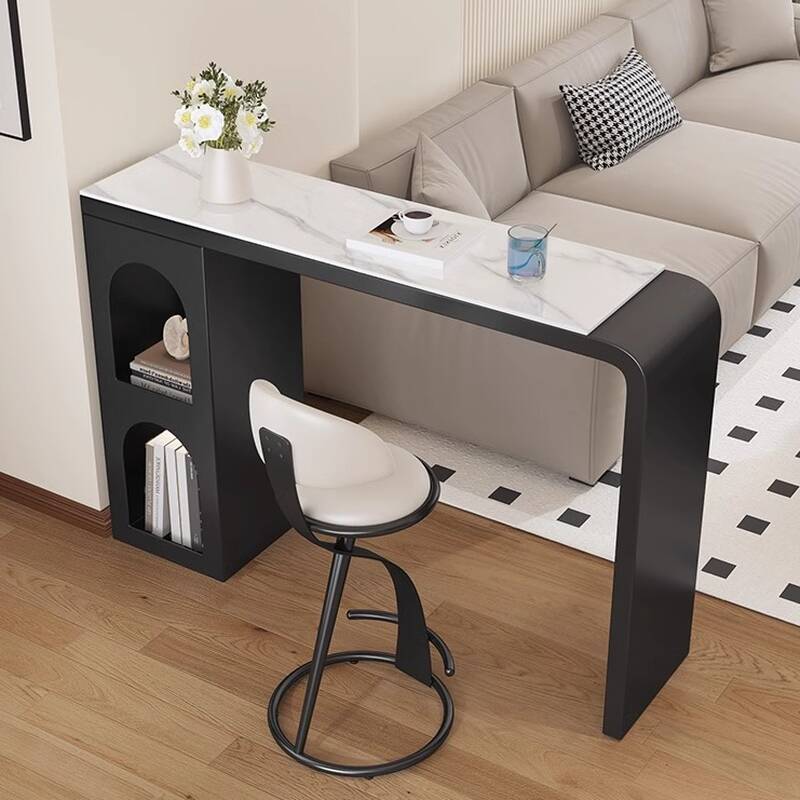 Slate Bar Table with Twin Pedestal, 72/48/60 inches, Seats 8/2/6, Midnight Black/White/Ivory, Stockroom Storage, Rectangle