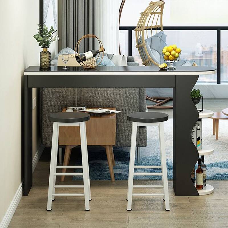 Classic Sofa Bar Table with Timber Rectangle Top, Twin Pedestal Base, and Stockroom Storage in Gray/White/Wood Grain