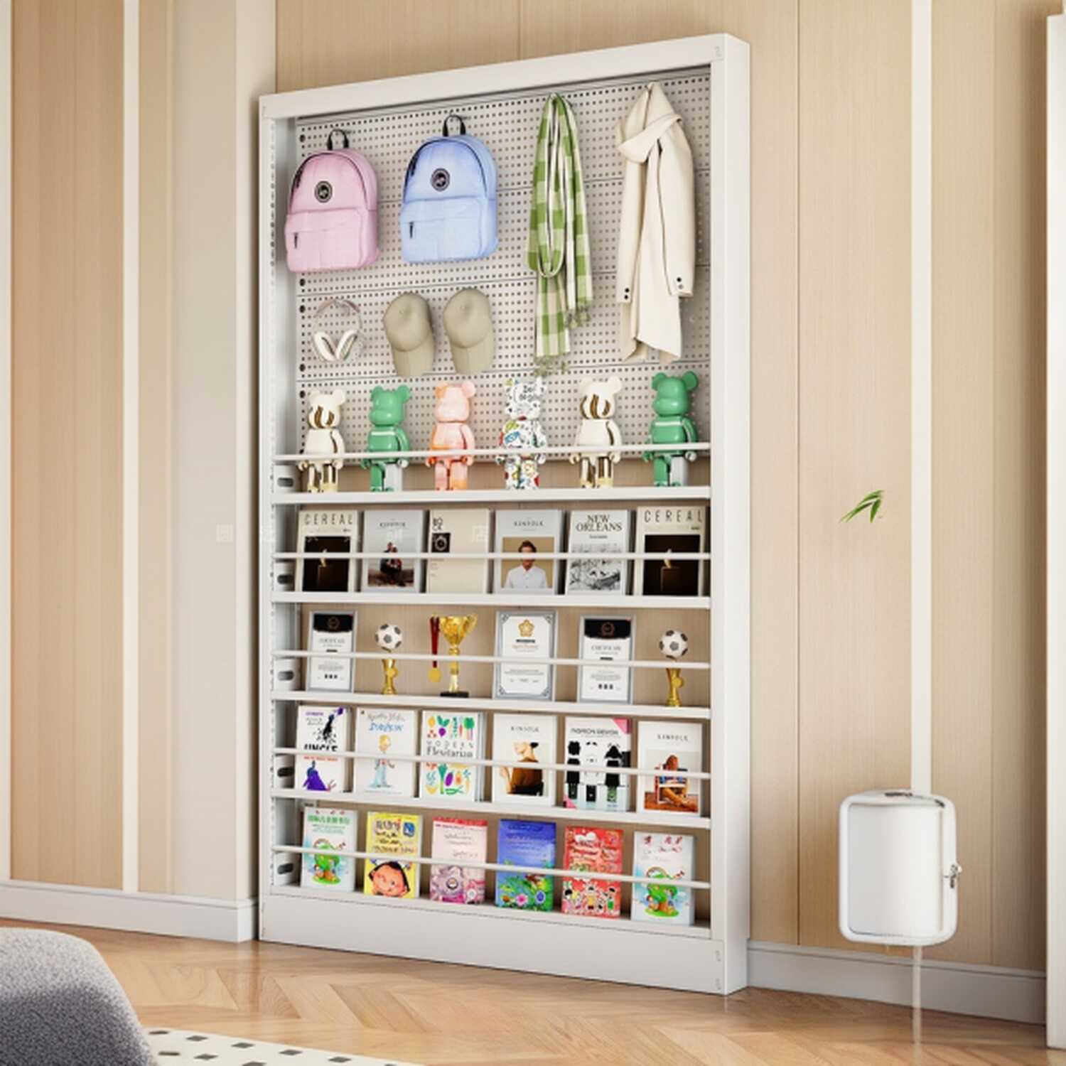 White Trendy 5/4 Tiers Cabinet Storage Shelf Rack with 5/4 Floating Shelves, Steel Frame, Vertical Installation