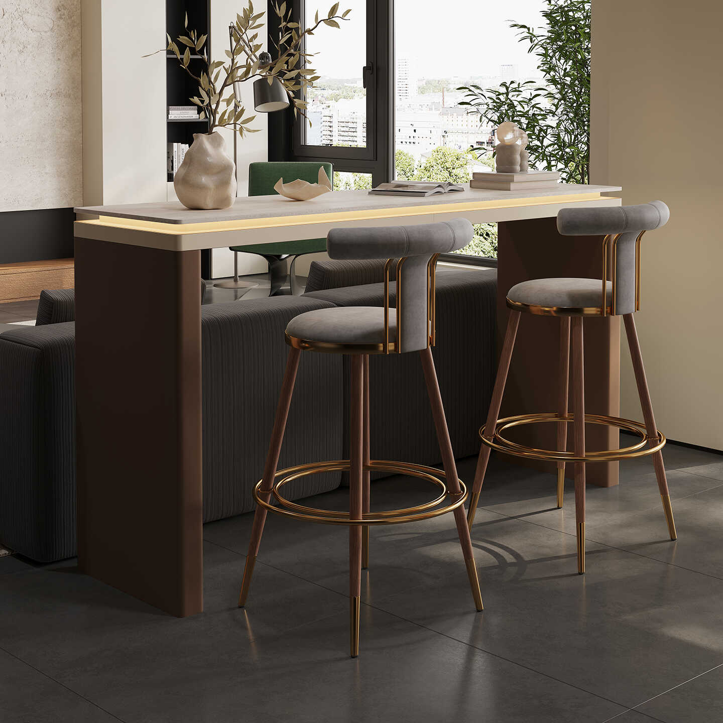 Classic Bar Table with Slate Top and Twin Pedestal Base in White, Scratch-shielded Rectangular Shape