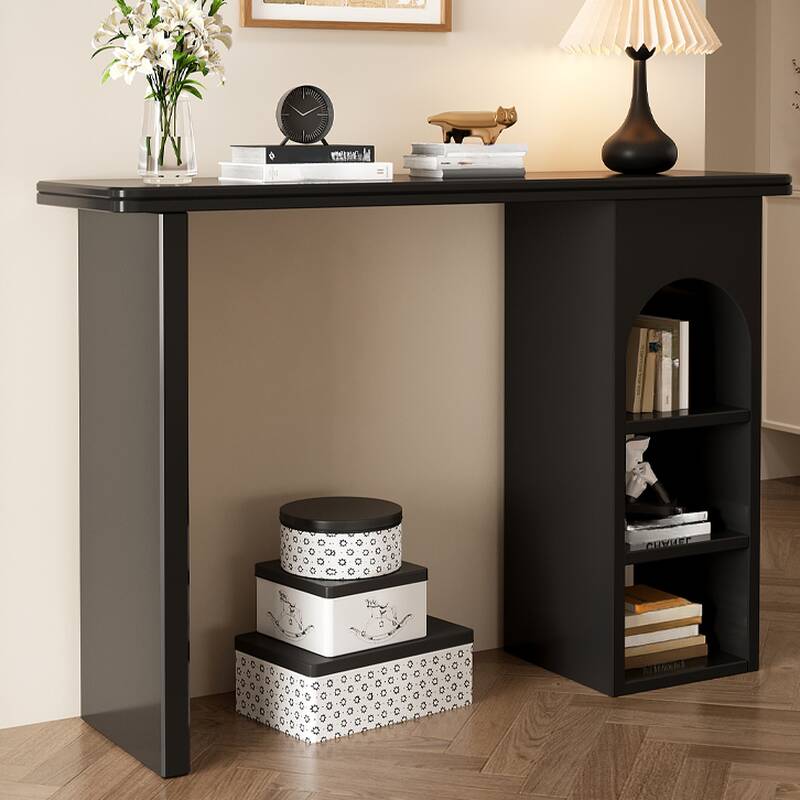 Slate Bar Table with Twin Pedestal, 42/36 inches, 2 People, Midnight Black with Stockroom Storage, Rectangle