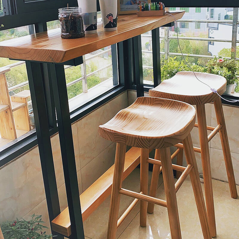 Classic Timber Bar Table with Trestle Base in Tan Rectangle and Foot Platform
