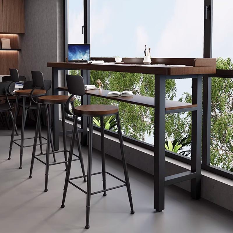 Classic Bar Table with Timber Top and Trestle Base in Taupe with Stockroom Storage, Rectangle Shape, and Foot Platform