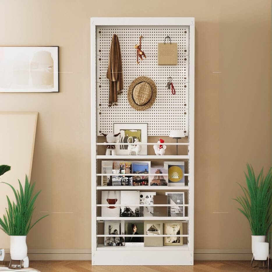 White Trendy 5/4 Tiers Cabinet Storage Shelf Rack with 5/4 Shelves, Iron Frame, Vertical Installation