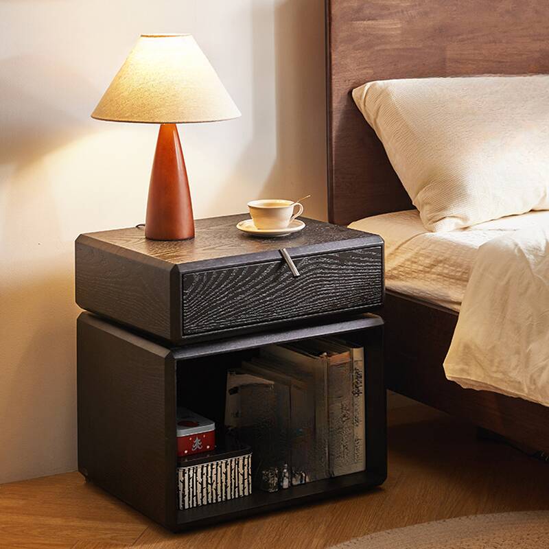 Ink Contemporary 2 Tiers Open Storage Nightstand with 1 Drawer and Natural Wood Countertop
