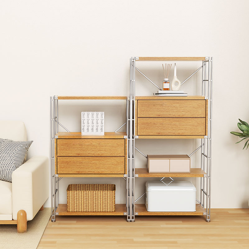 Natural Finish Casual Cabinet Storage Shelf Rack with Compartment