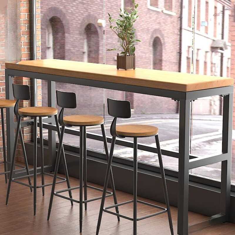 Classic Pub Table with Engineered Wood Top, Trestle Base, Wood Grain Rectangle, and Foot Platform