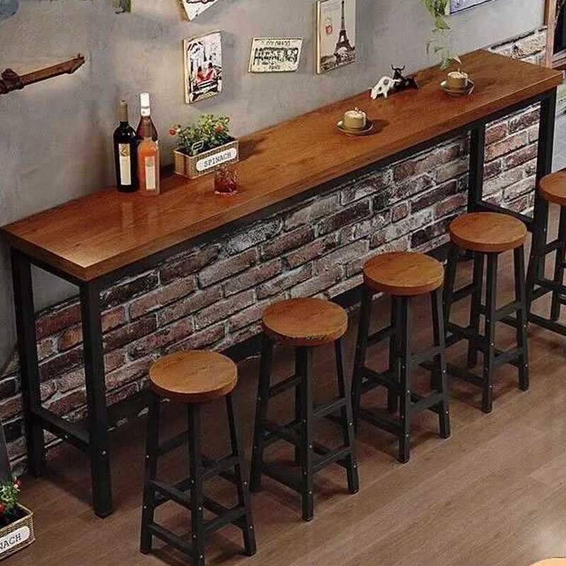 Classic Timber Bar Table with Trestle Base, Cocoa Rectangle Top, and Foot Platform