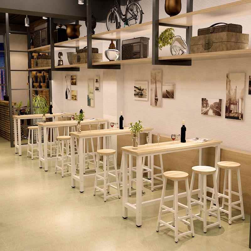 Classic Pub Table with Timber Top and Trestle Base in Tan/Wood Grain Rectangle with Foot Platform